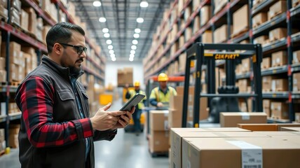 Focused warehouse manager using tablet overseeing inventory and logistics operations in a busy distribution center