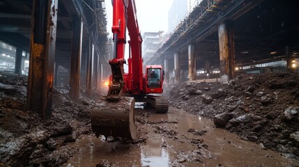 A red excavator operates in a muddy urban excavation site, surrounded by towering structures, highlighting the chaos and progress of construction in a bustling environment.