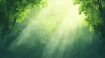 Sunbeams in Lush Forest, Sunlight filtering through a vibrant green forest canopy.