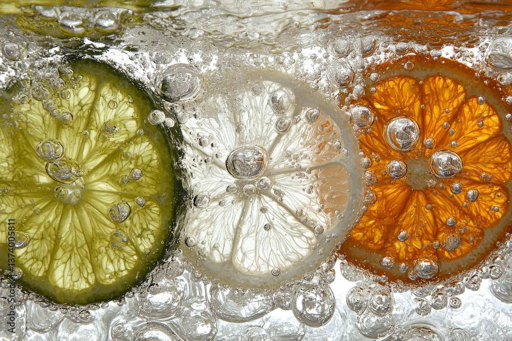 Poster slices of citrus in iced drink captured with transparency and sparkle showing cool refreshing bevera