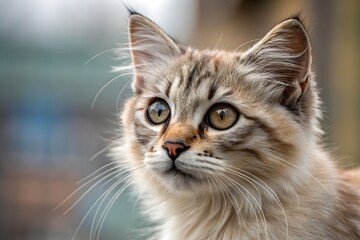 Adorable white kitten portrait, green eyes, fluffy fur