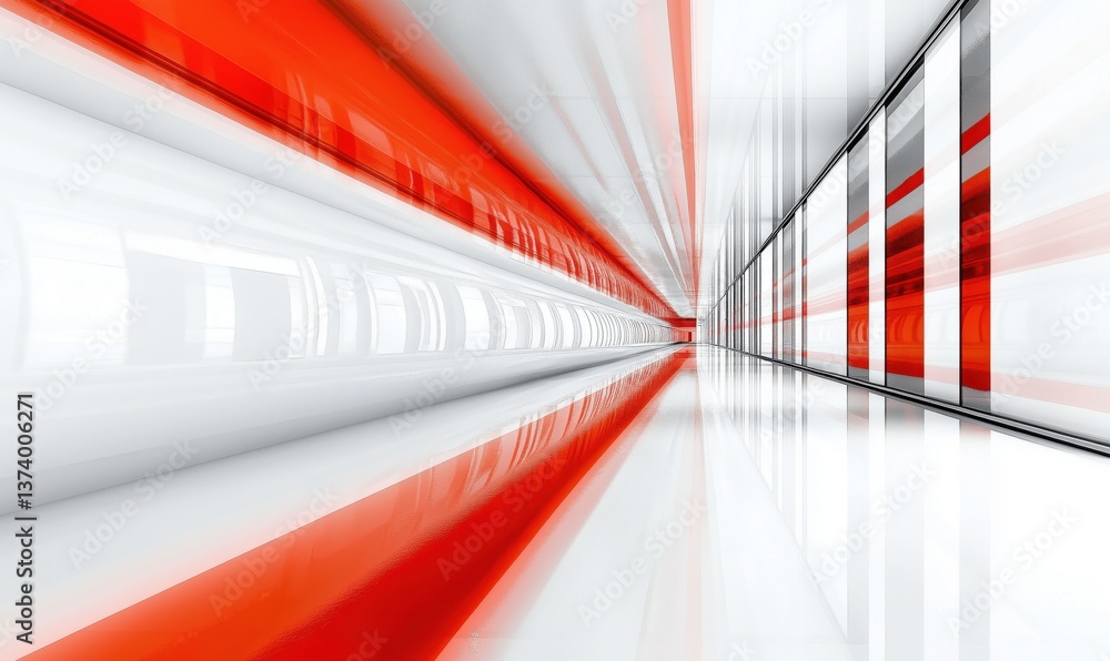 Poster abstract red and white corridor with dynamic lines and reflections