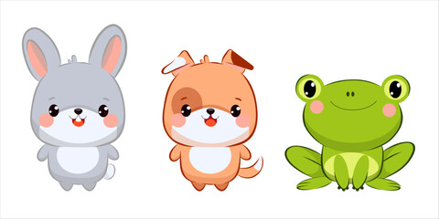 Fototapeta premium Three adorable cartoon animals are showcased together: a gray bunny, a playful orange puppy, and a bright green frog. Each character displays a cheerful expression, enhancing their charm.
