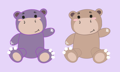 Two plush hippopotamuses, gray and purple, on a light purple background. Cute stuffed animal toy illustration for kids' design, textile, wallpaper, wrapping paper, and print
