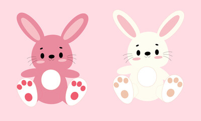 Two plush rabbits, white and pink, on a pink background. Cute stuffed animal toy illustration for kids' design, textile, wallpaper, wrapping paper, and print.