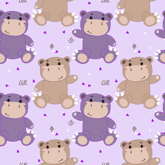 Seamless pattern with two plush hippopotamuses, gray and purple, on a light purple background. Cute stuffed animal toy design for kids' textile, wallpaper, wrapping paper, and print.