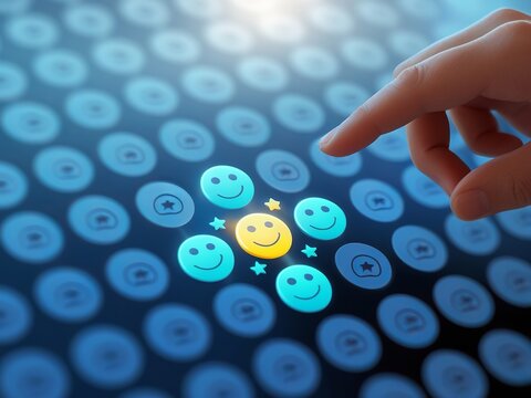 A glowing, five-star customer review face icon, symbolizing exceptional customer satisfaction.
