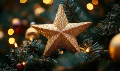Golden star ornament on Christmas tree with blurred lights and festive decorations