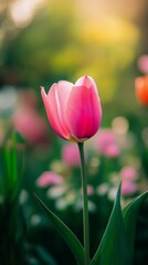 Fototapeta premium Vibrant Pink Tulip Blooming in a Colorful Spring Garden With Blurred Background