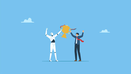 AI robot and businessman holding champion trophy together. Working with AI, embrace technology concept.