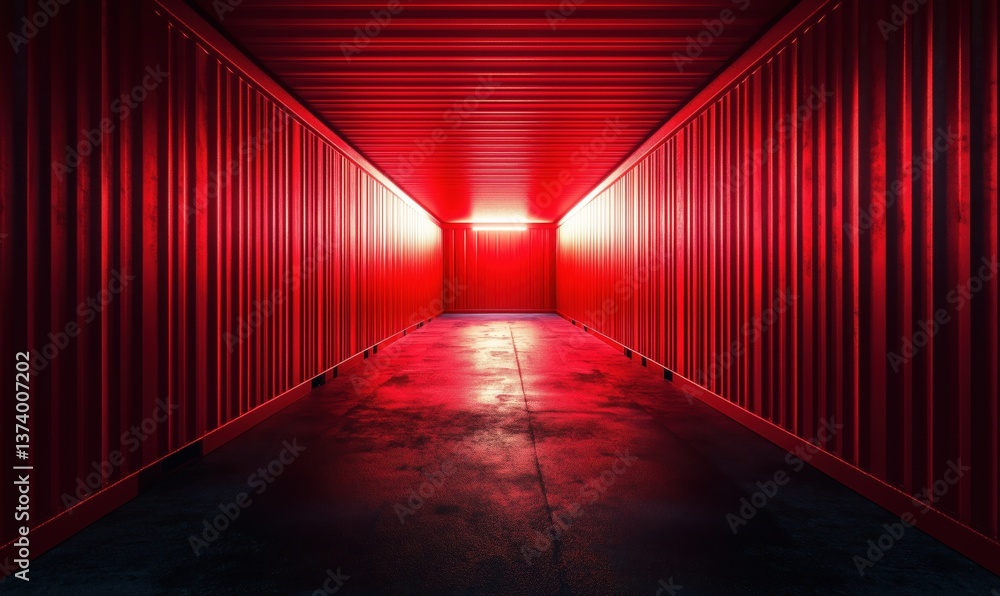 Poster red shipping container corridor with illuminated end creating dramatic perspective