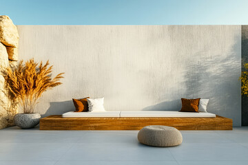 Elegant outdoor lounge area with minimalist design and natural elements in warm sunlight