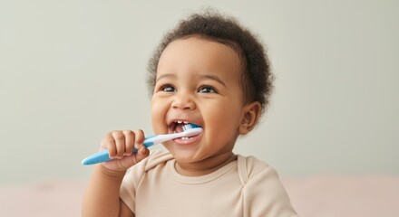Happy infant brushing teeth with blue toothbrush in light background