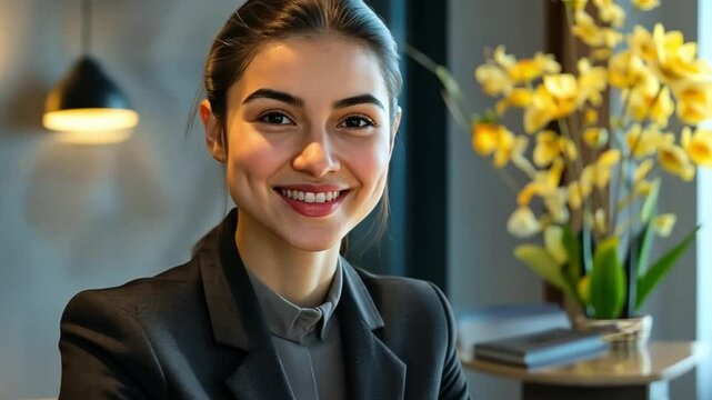 This image shows a professional receptionist at work, smiling and ready to assist guests. It highlights a welcoming atmosphere and modern interior design. AI