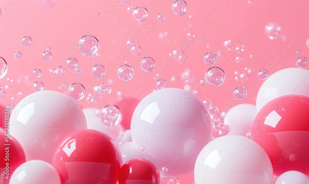 Poster colorful bubbles and spheres floating in pink background creating playful atmosphere