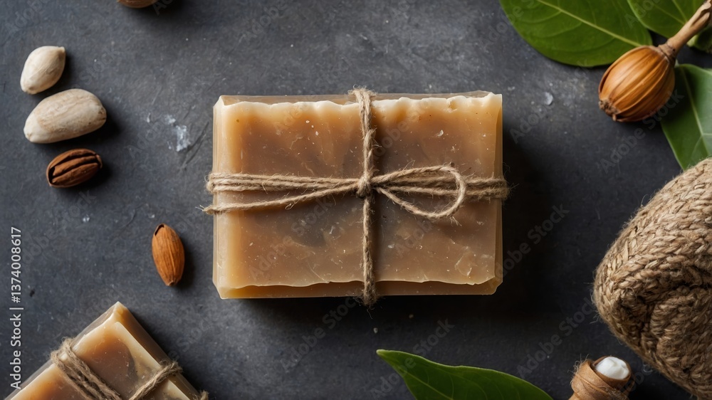 Poster Natural handmade soap with herbs and nuts on a dark surface in a rustic setting