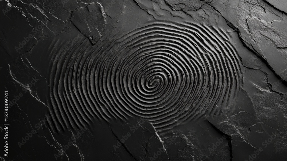 Poster intricate spiral pattern on dark textured surface evoking fingerprint design