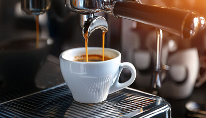 Espresso machine pours fresh black coffee, Generated image