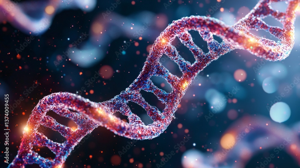 Poster abstract biotech dna with glowing red structure floating in digital blue light environment visualizi