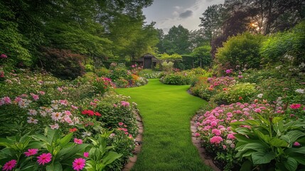 Lush garden pathway surrounded by vibrant flowers and greenery at sunset