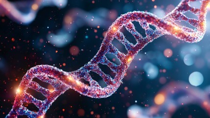Abstract biotech dna with glowing red structure floating in digital blue light environment visualizing futuristic genetic technology and data transmission in high detail 3d rendering