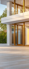 Modern architecture with large windows and wooden accents in a sunny outdoor setting