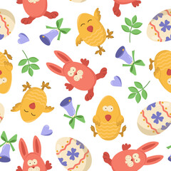 Vector seamless pattern with Easter bunnies, chicks and eggs. Easter egg hunt invitation template on white background. Wallpaper and packaging design.