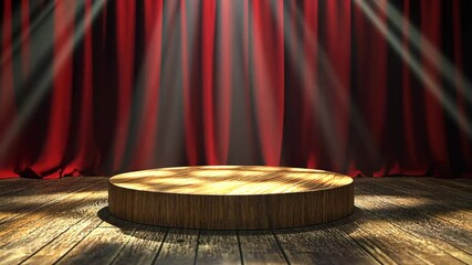 Wooden stage illuminated by spotlight with red curtains, perfect for a dramatic performance or presentation