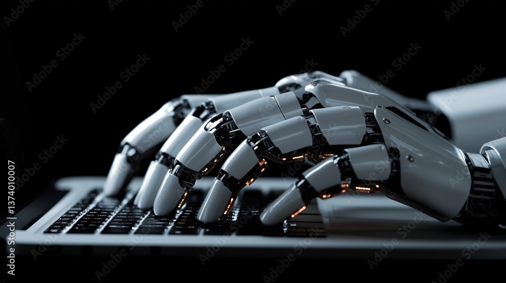 Aufkleber robotic hand typing on laptop keyboard showcasing advanced technology and automation