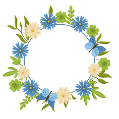 Vector wreath with flowers and butterflies. Spring botanical illustration for cards and invitations with space for text.