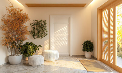 Elegant entrance with cozy seating and natural light in a serene indoor space