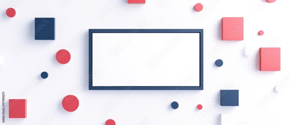 Aufkleber flat lay of a white background with a blue rectangular frame in the center. the frame is surrounded 