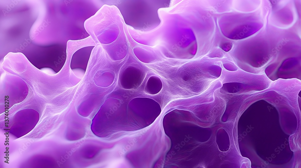 Poster purple cellular sponge texture in high magnification displaying porous biological structure and comp
