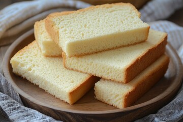 Slices of light cake on wooden plate
