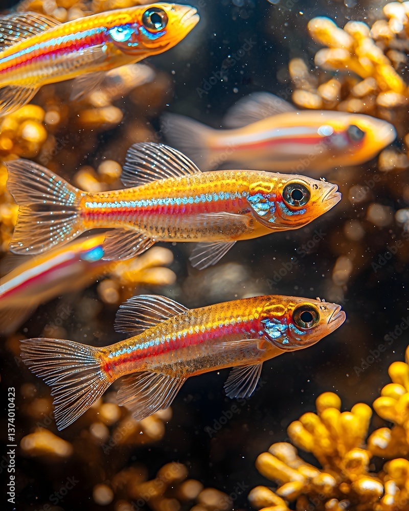 Poster sparkling zebra danios darting through a vibrant aquarium