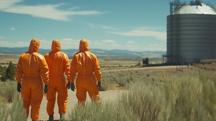 Three people in orange hazmat suits walking toward a large industrial storage tank in a rural landscape under clear skies