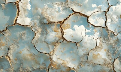 Naklejka premium Cracked Earth Surface Reflecting Blue Sky and Clouds in Dry Environment