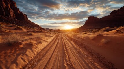 Naklejka premium A breathtaking view of a winding desert road leading into the sunset, surrounded by sprawling sand dunes and dramatic rock formations under a vibrant sky, showcasing solitude.