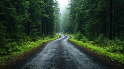 Obraz premium A scenic winding road surrounded by dense green trees creates a tranquil and inviting atmosphere perfect for nature lovers and outdoor enthusiasts seeking peace.