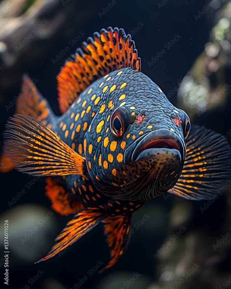 Poster vibrant oscar fish with striking patterns in an aquatic setting