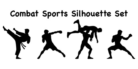 combat sports silhouette set, boxing mma martial arts vector bundle, fighting collection