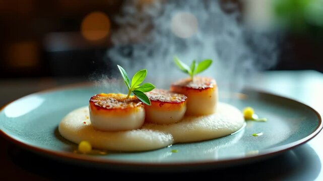 Delicate scallops served on puree with elegant garnishes. Steam animation