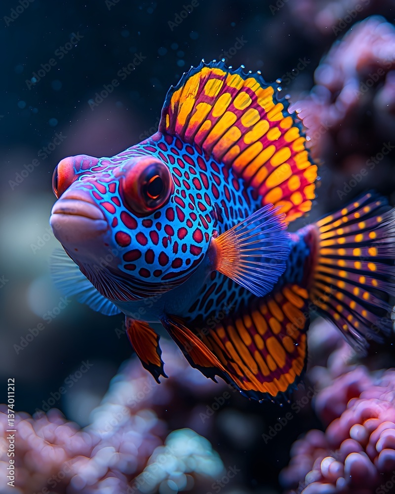 Poster vibrant clown triggerfish with geometric patterns navigating underwater reef