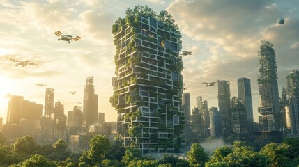 Obraz premium Eco-tower, futuristic city, drone delivery, sunset
