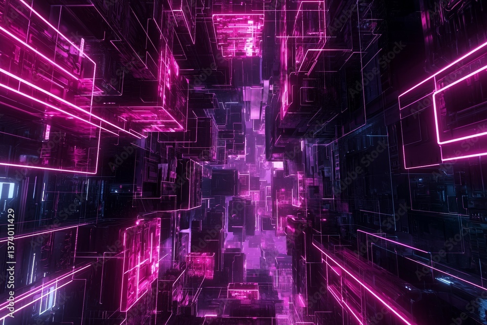 Poster stock image of a server supercomputer's futuristic interior, highlighted by a glowing geometric patt