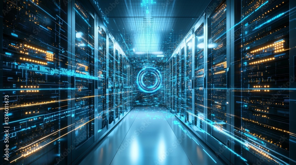 Poster a big data technology center's server racks, set in a dark room with visual effects, illustrate the 