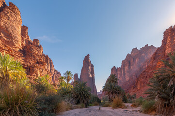 sunset sunrise in Wadi Disah, with beautiful rock and date tree in Tabuk,  Saudi Arabia.