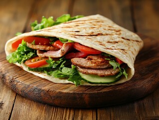 Grilled sandwich flatbread filled with salad and juicy sliced meat isolated on rustic wooden plate with high resolution food texture suitable for restaurant display