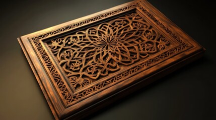Fototapeta premium Intricate wood carving, Islamic design, dark background, wall decor