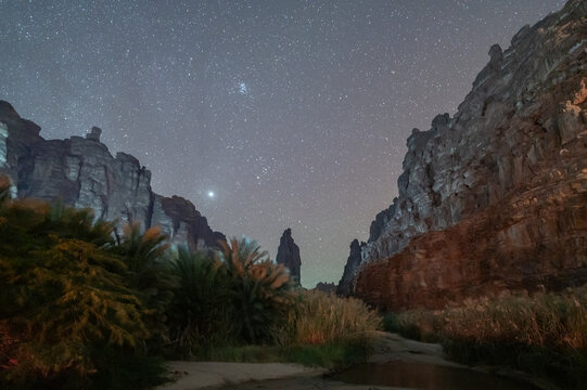 stars in sky in Wadi Disah, with beautiful rock and date tree in Tabuk,  Saudi Arabia